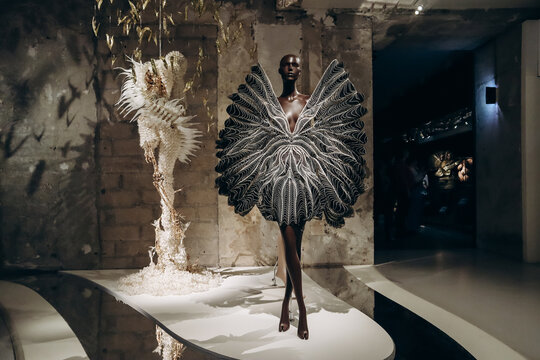 Paris, France - March 9, 2024: Archival couture models of fashion designer Iris van Herpen at the Paris Museum of Decorative Arts