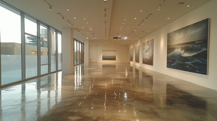 The interior of an empty modern art gallery with large abstract paintings displayed on white walls