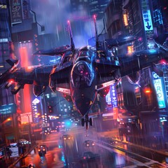 The dark sleek fighter jet flies low over the busy city street.