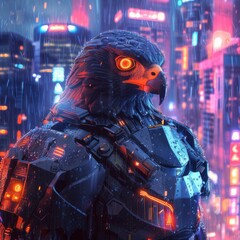 A digital painting of a cyborg falcon with glowing red eyes stands in the rain in a futuristic city.