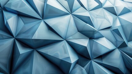 Layered triangles in an abstract 3D geometric pattern with cool blue tones, metallic texture, depth and shadow, high resolution. 3D geometric pattern