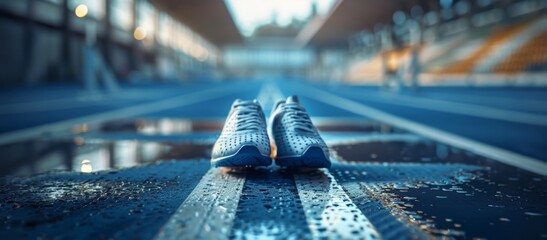 Obraz premium Pair of running shoes on wet track at an outdoor stadium in the evening