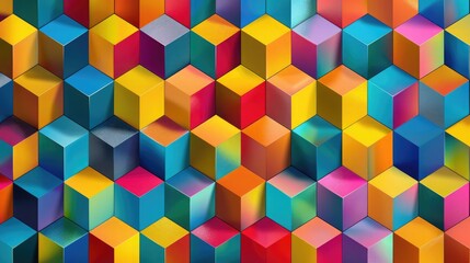 Seamless pattern of abstract 3D geometric tessellation with hexagonal prisms, bright primary colors, high resolution. 3D geometric pattern