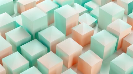 Obraz premium Layered cubes in a high resolution gentle pastel 3D geometric pattern, mint green and peach tones, modern and sleek. 3D geometric pattern