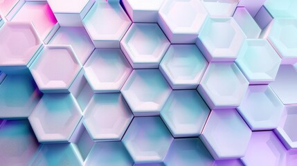 High definition trendy pastel 3D geometric grid with hexagonal shapes, light lavender and sky blue, delicate gradients. 3D geometric pattern