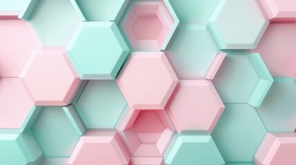 Interlocking hexagons in an elegant pastel 3D geometric design, light turquoise and blush pink, smooth and seamless, high definition. 3D geometric pattern
