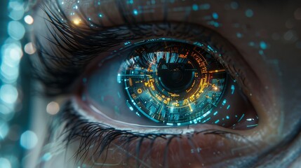 An eye with digital augmentation displays futuristic cyber-technology elements