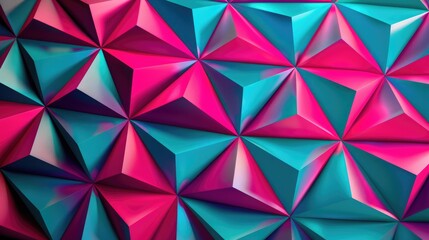 Vibrant 3D geometric pattern with interlocking triangles, bold neon pink and electric blue, high contrast, high resolution. 3D geometric pattern