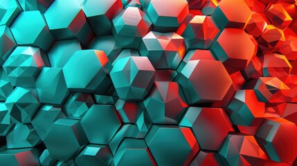 Interlocking hexagons in a lively 3D geometric design, bright turquoise and fiery red, sharp contrasts, high definition. 3D geometric pattern