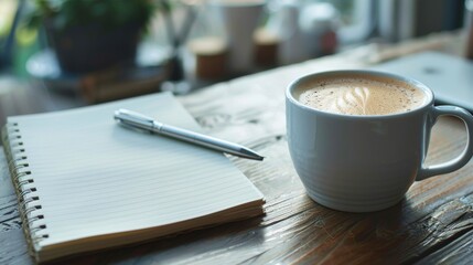 Close-up of a cup of hot coffee or tea next to a notepad and pen on a work desk