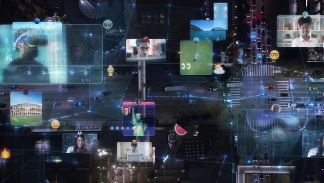 Great Aerial View of Futuristic City With Holographic Graphs, Charts, Social Media Interface, Emoji and Information Columns Fly Over City Downtown. Social Network Application Platform. Influencers.