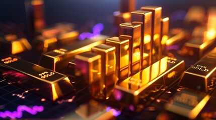 A 3D bar chart made of gold bars with an upward trend, symbolizing profitable investments in the commodities market.