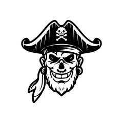 A pirate cartoon character captain mascot face and pointing hand with skull and crossed bones on his tricorne hat	