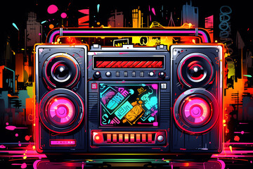 Neon Retro Boombox in Futuristic Cityscape