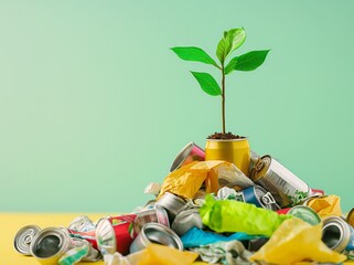 Fototapeta premium Plant sprouting from the top of an enormous pile of metal cans and plastic bags, isolated on a pastel background with copy space for text or a banner. Ecology and connection to nature