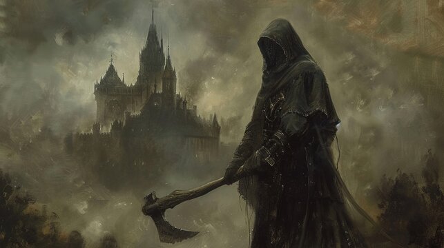 A hauntingly bright oil painting that captures the chilling essence of dark fantasy. hangman 