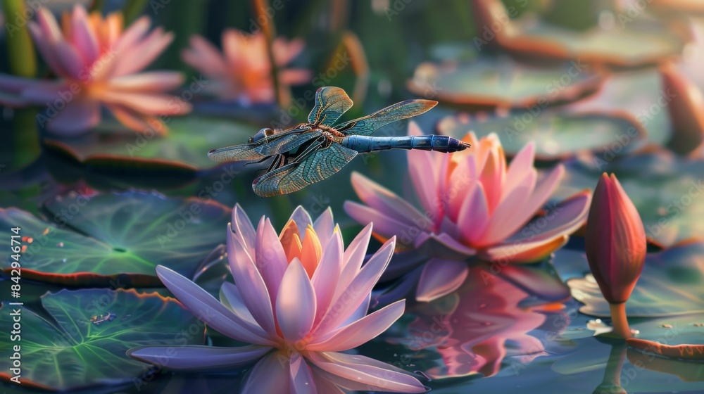 Aufkleber close-up of a dragonfly resting on a water lily in a tranquil pond surrounded by blooming lotus flow