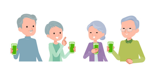 青汁を持って談笑しているシニア世代男女