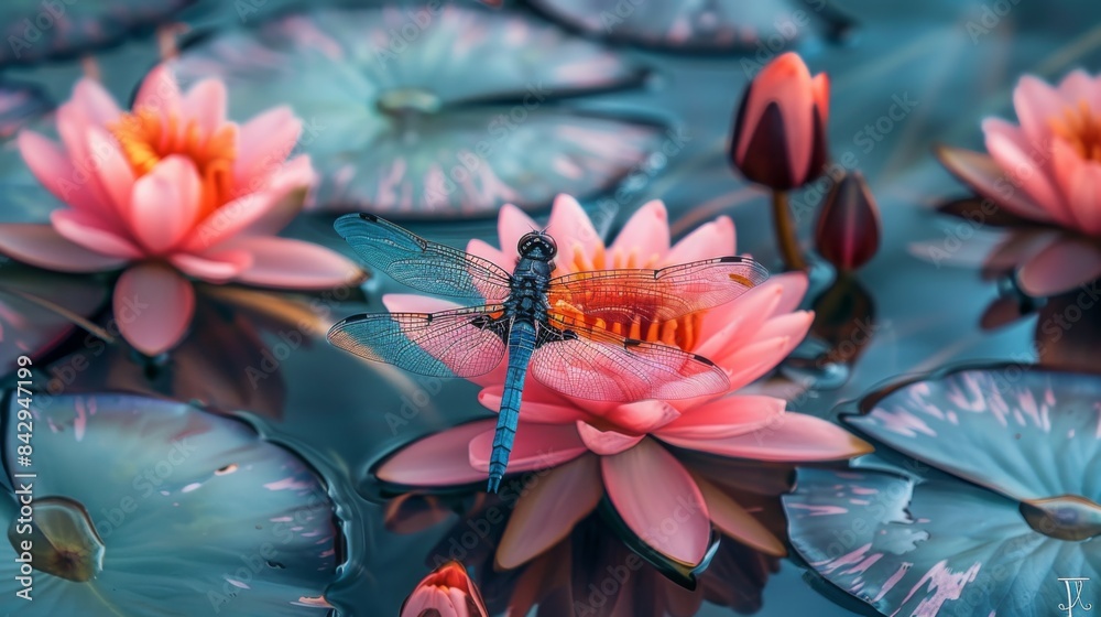 Poster close-up of a dragonfly resting on a water lily in a tranquil pond surrounded by blooming lotus flow