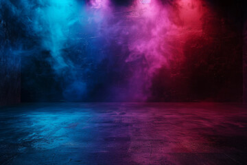 Empty colorful smoky room with vibrant lights