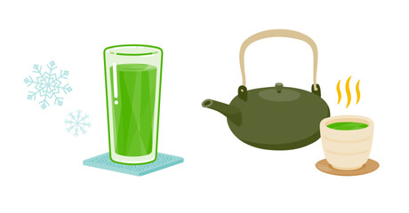 グラスにいれた冷たい青汁と茶呑みにいれた温かい青汁