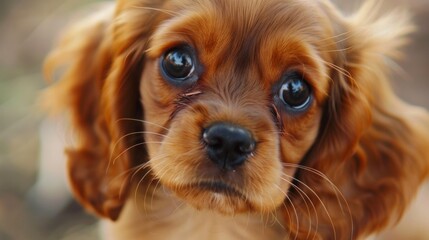 Close-up of a fluffy puppy with big eyes and floppy ears, looking adorable