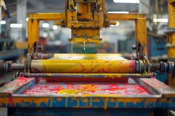 Industrial screen printing machine with yellow and red ink. Industrial photography for manufacturing and technology designs.