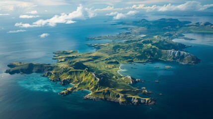 Fototapeta premium A series of isolated islands formed by past landslides that have split a larger landmass into smaller fragments.