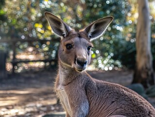 A close-up of a kangaroo with large ears and soft fur, sitting in a sunlit forest with a bokeh background.