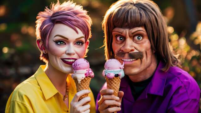 A man and woman dressed as the muppet characters holding ice cream cones