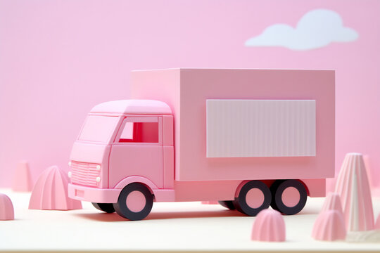 Pink truck parked in front of pink wall