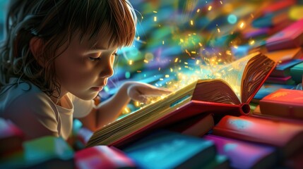 Close up of attractive child reading a book while looking at camera. Elementary student holding fairy tale novel book or bedtime stories surrounded by various book. Creative activity concept. AIG42. © InfiniteFlow