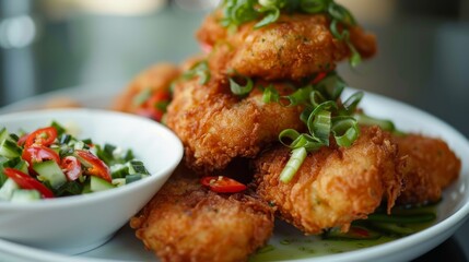Fototapeta premium Close-up of a plate of crispy fried fish cakes (tod mun pla) served with a tangy cucumber relish