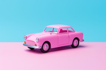 Pink toy car on pink and blue background
