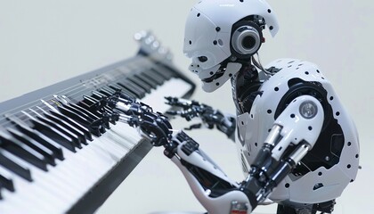 Fototapeta premium A futuristic robot playing a guitar showcasing AGI integration with humanlike activities