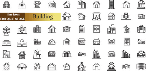 Building web icons in line style. Hotel, hospital, apartament, city, town house, mall, coffee, collection. Vector illustration.	