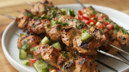 Close-up of a plate of Thai chicken satay skewers with peanut sauce and cucumber relish
