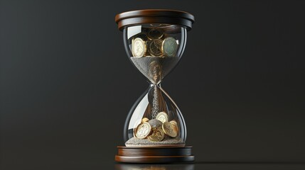 A 3D hourglass with coins instead of sand, illustrating the concept of time value of money in investments.