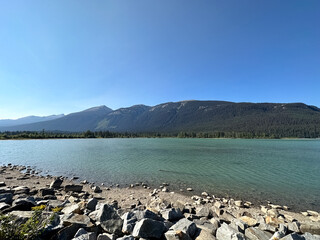 Morning rocky mountain landscape scene at the lake. BC, Canada. 