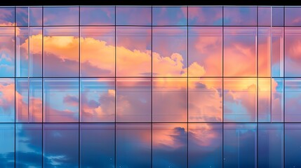 Close-up of a glass facade reflecting a vibrant sunset, creating a mosaic of colors and shapes in the modern architecture.