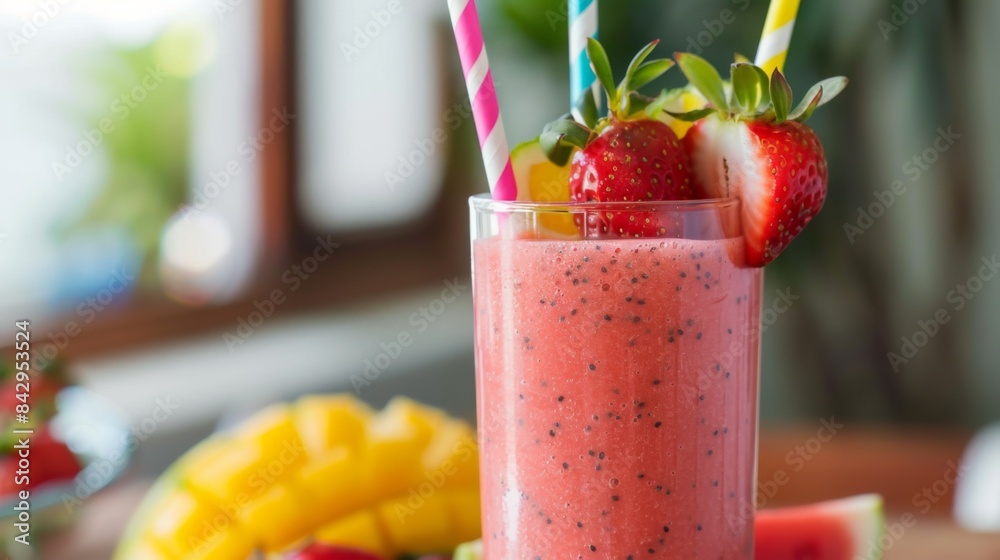 Poster close-up of a refreshing fruit smoothie in a tall glass with colorful straws and fresh fruit garnish