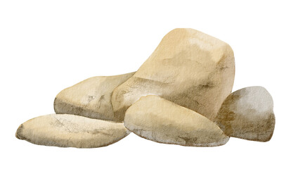 Natural Rocks Watercolor Illustration in Earth Tones. Hand Drawn art Stones for Landscaping and Nature Scenes. Drawing of pebbles for design in nautical style. Sketch of geology minerals. © Alisles