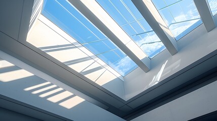 Obraz premium A modern skylight design featuring clear blue skies, casting geometric shadows into the bright interior space.