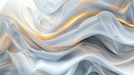 Obraz premium The image features an abstract composition of flowing, translucent white fabric-like waves with golden accents, creating a dynamic, airy, and elegant visual effect.