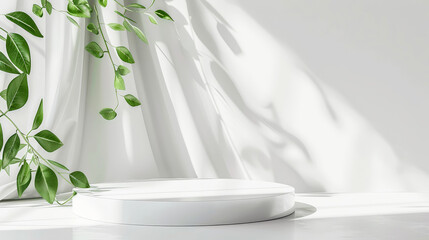 Empty white table tray podium with green leafs plant, beautiful foliage leaves shadow on white  wall. Skincare.