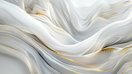 Obraz premium The image showcases abstract, flowing white fabric with golden highlights. The fabric forms smooth, fluid waves and folds, creating a dynamic and elegant texture with a serene ambiance.