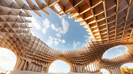 Obraz premium A unique wooden architectural canopy with a view of the sky, blending organic design elements with modern engineering.