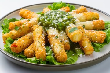 Fototapeta premium Golden Baked Mexican Cheese Sticks with a Generous Mozzarella Filling and a Delicious Salsa Verde Drizzle