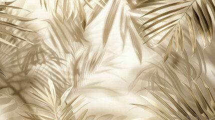 Overlay of natural shadow of tropical leaves on beige wallpaper inside a room, sunlight. Background.