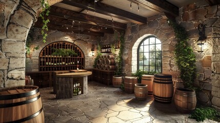 Tranquil Wine Cellar with Stone Walls and Wooden Barrels for Rustic Charm